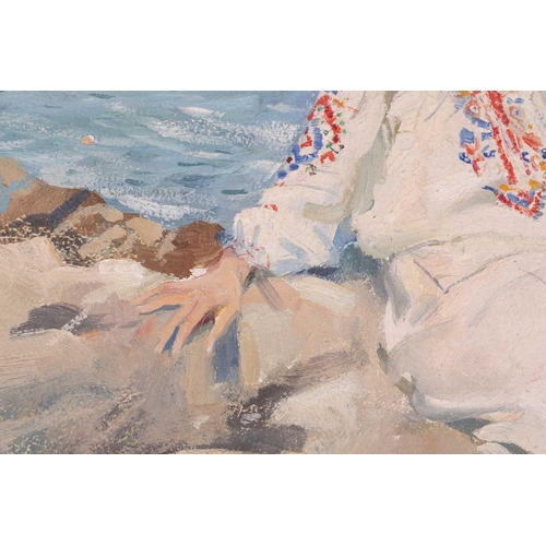 22 - † Arthur Royce Bradbury (1892-1977), Woman in white dress seated on coastal rocks, unsigned, oil on ... 