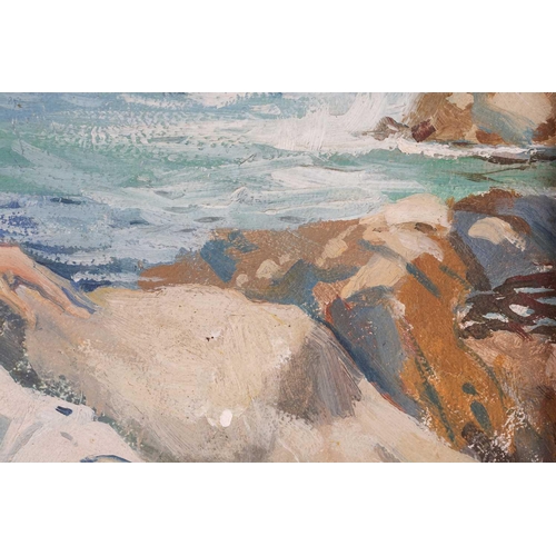 22 - † Arthur Royce Bradbury (1892-1977), Woman in white dress seated on coastal rocks, unsigned, oil on ... 