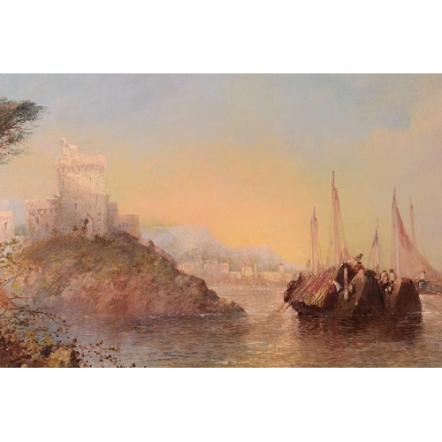 23 - Clifford Montague (fl.1845 - 1901), Coastal view at sunrise with castle and vessels, signed and date... 