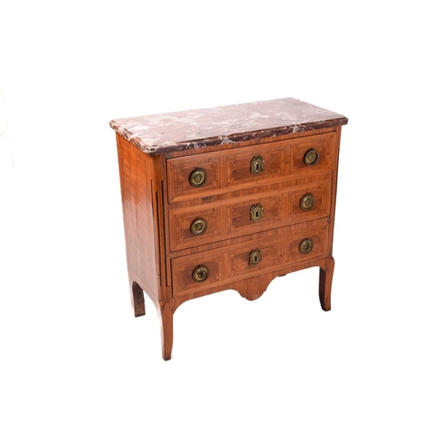 236 - A French Louis XVI marble-topped parquetry inlaid provincial walnut commode, late 18th century, fitt... 