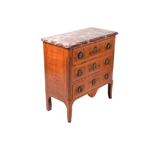 236 - A French Louis XVI marble-topped parquetry inlaid provincial walnut commode, late 18th century, fitt... 