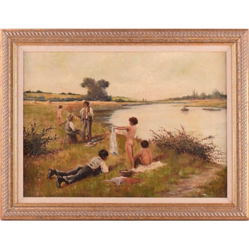 24 - B. Baker (19th century), children beside a river on a summer's day, oil on canvas, signed verso and ... 