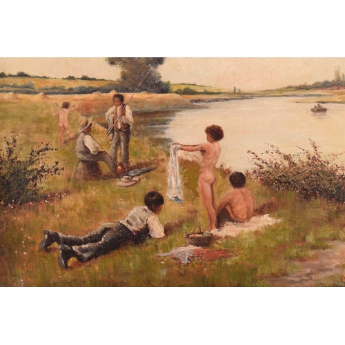 24 - B. Baker (19th century), children beside a river on a summer's day, oil on canvas, signed verso and ... 