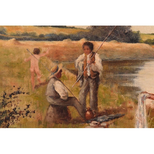 24 - B. Baker (19th century), children beside a river on a summer's day, oil on canvas, signed verso and ... 