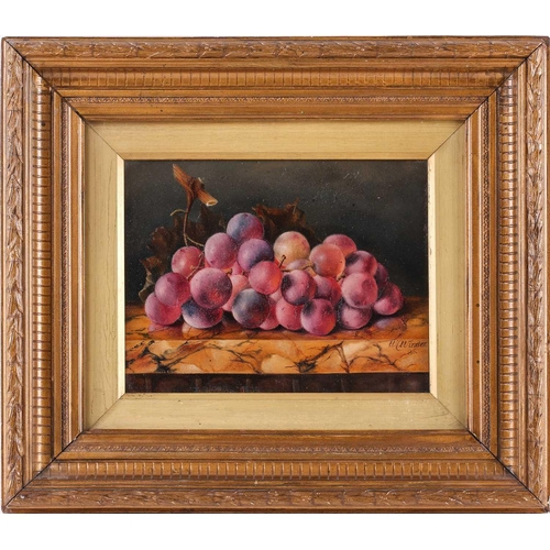 28 - W. Winder (19th century), still life of grapes on marble, signed and dated '85, oil on panel, 17 x 2... 