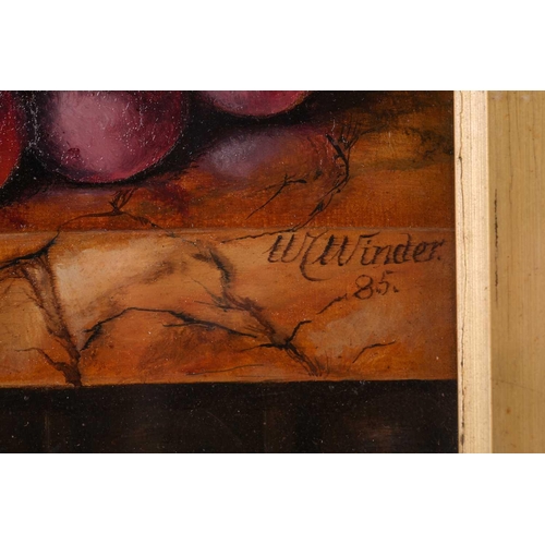 28 - W. Winder (19th century), still life of grapes on marble, signed and dated '85, oil on panel, 17 x 2... 