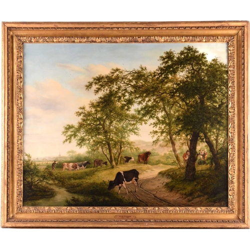 35 - Adrianus de Visser (1762 - 1837), Cattle and figures on a riverside lane, signed and indistinctly da... 