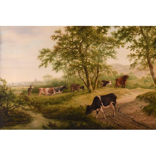 35 - Adrianus de Visser (1762 - 1837), Cattle and figures on a riverside lane, signed and indistinctly da... 