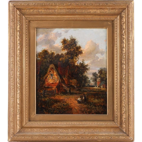 42 - Circle of Patrick Nasmyth, Farm scene with two figures, unsigned, oil on canvas, 30.5 x 25.5 cm, fra... 