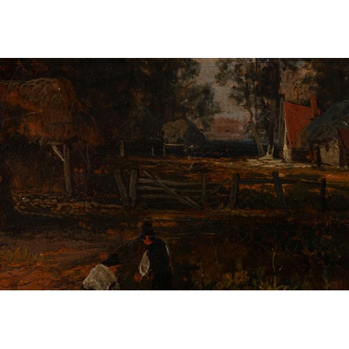 42 - Circle of Patrick Nasmyth, Farm scene with two figures, unsigned, oil on canvas, 30.5 x 25.5 cm, fra... 