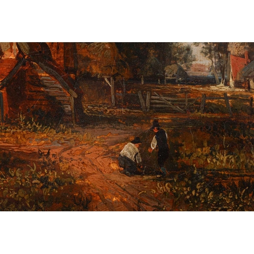 42 - Circle of Patrick Nasmyth, Farm scene with two figures, unsigned, oil on canvas, 30.5 x 25.5 cm, fra... 