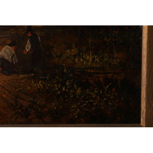 42 - Circle of Patrick Nasmyth, Farm scene with two figures, unsigned, oil on canvas, 30.5 x 25.5 cm, fra... 