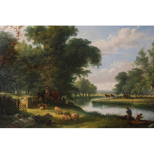 47 - William Shayer (1787-1879) British, Rural Riverscape, oil on canvas, 29 cm x 39 cm in a gilt frame.R... 