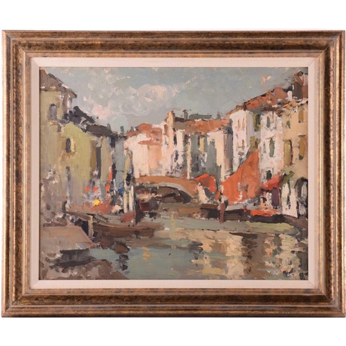 48 - Late 20th century, Bridge over a canal at Comacchio, unsigned, Oil on board, inscribed 'Commachio II... 