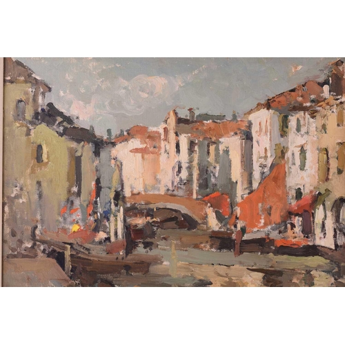 48 - Late 20th century, Bridge over a canal at Comacchio, unsigned, Oil on board, inscribed 'Commachio II... 