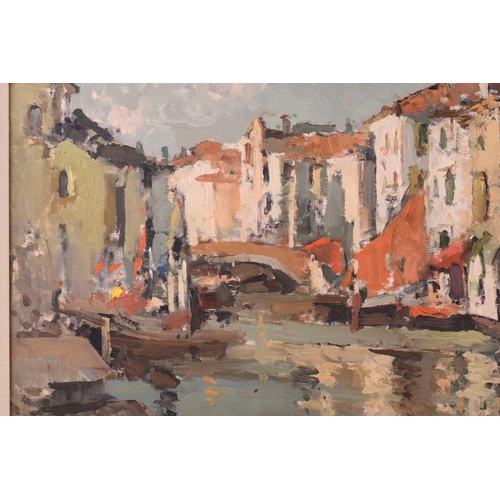 48 - Late 20th century, Bridge over a canal at Comacchio, unsigned, Oil on board, inscribed 'Commachio II... 