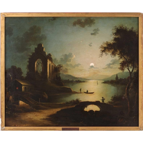 49 - Manner of Sebastian Pether (1790 - 1844), Moonlit Riverscene with Ruins, oil on canvas, 49 x 59.5 cm... 