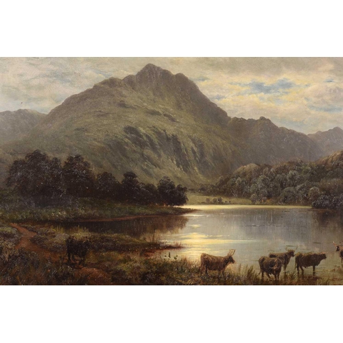 61 - J O Hume (19th century), Highland cattle by a loch in a moonlit landscape, inscribed verso 'Ben Venu... 