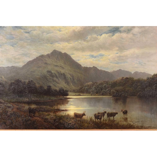 61 - J O Hume (19th century), Highland cattle by a loch in a moonlit landscape, inscribed verso 'Ben Venu... 