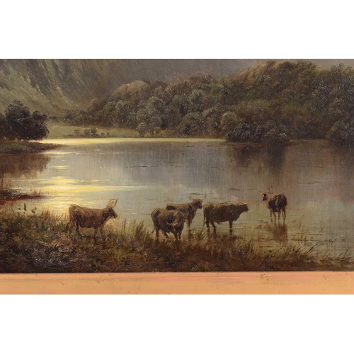 61 - J O Hume (19th century), Highland cattle by a loch in a moonlit landscape, inscribed verso 'Ben Venu... 