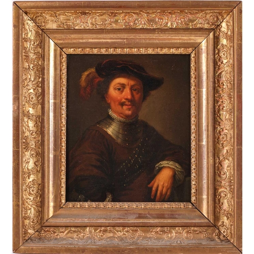 66 - 17th Century Dutch School style, half-length portrait of a gentleman in a feathered red velvet beret... 