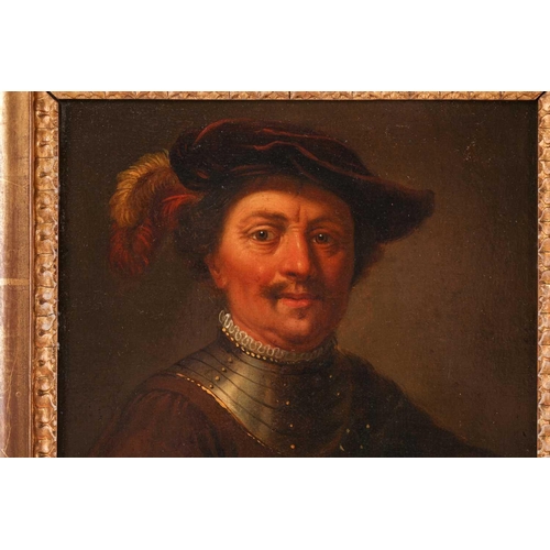 66 - 17th Century Dutch School style, half-length portrait of a gentleman in a feathered red velvet beret... 