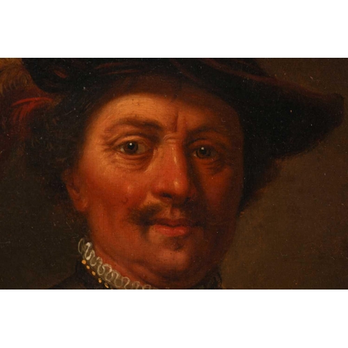 66 - 17th Century Dutch School style, half-length portrait of a gentleman in a feathered red velvet beret... 