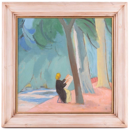 69 - † John Melville (1902-1986), Lady Sketching Beneath Trees, unsigned, oil on canvas, inscribed on the... 