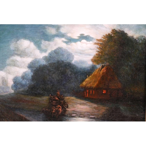 72 - † 19th century Russian School, Moonlit figures and oxen crossing a stream by a thatched cottage, ind... 