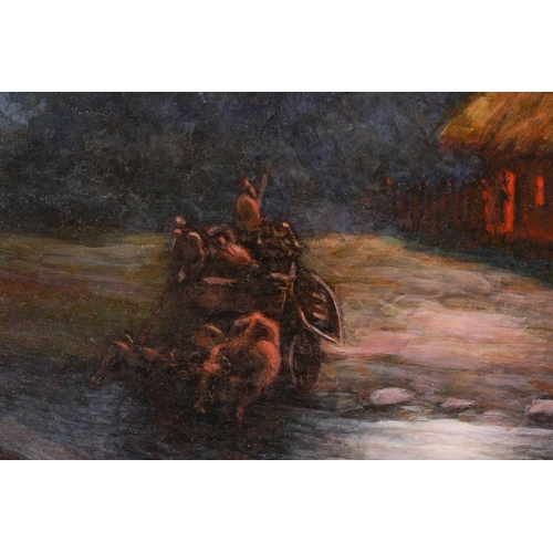 72 - † 19th century Russian School, Moonlit figures and oxen crossing a stream by a thatched cottage, ind... 