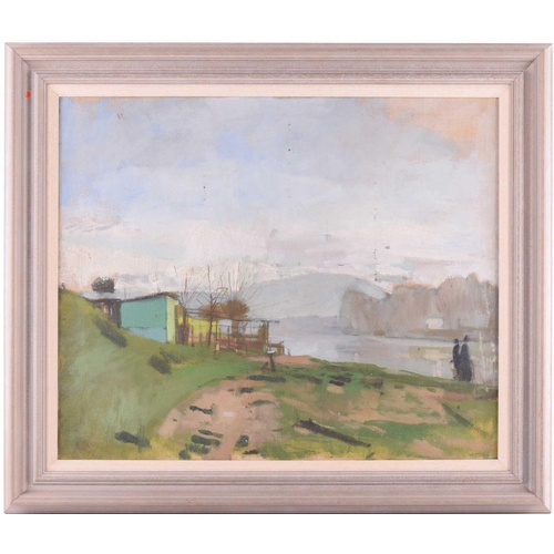 73 - 20th-century British school, two figures on a riverbank, unsigned oil on canvas, 49 cm x 59 cm in a ... 