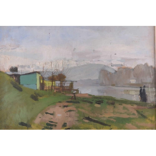 73 - 20th-century British school, two figures on a riverbank, unsigned oil on canvas, 49 cm x 59 cm in a ... 