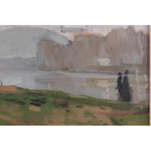 73 - 20th-century British school, two figures on a riverbank, unsigned oil on canvas, 49 cm x 59 cm in a ... 