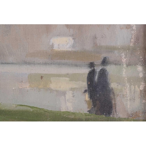 73 - 20th-century British school, two figures on a riverbank, unsigned oil on canvas, 49 cm x 59 cm in a ... 