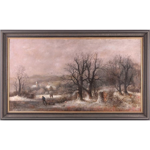 76 - 19th century Continental School, Winter Landscape with Village Beyond, signed indistinctly, oil on c... 