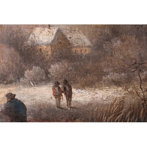 76 - 19th century Continental School, Winter Landscape with Village Beyond, signed indistinctly, oil on c... 