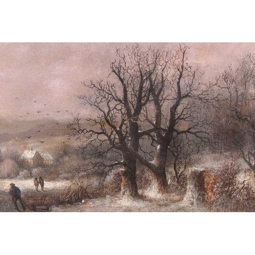 76 - 19th century Continental School, Winter Landscape with Village Beyond, signed indistinctly, oil on c... 