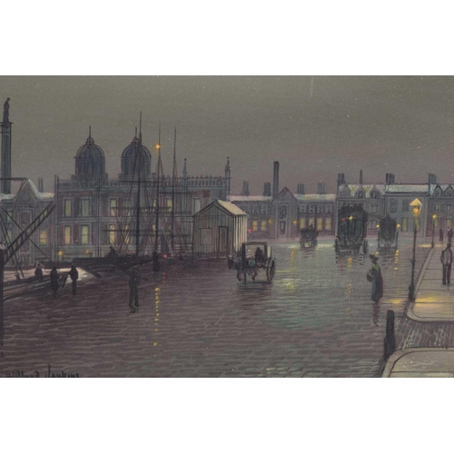 77 - Wilfred Bosworth Jenkins (1857-1936) British, moonlit street, possibly Liverpool docks, oil on panel... 