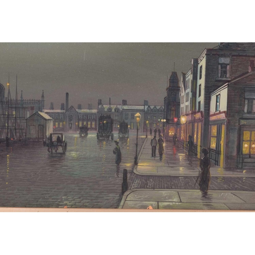 77 - Wilfred Bosworth Jenkins (1857-1936) British, moonlit street, possibly Liverpool docks, oil on panel... 