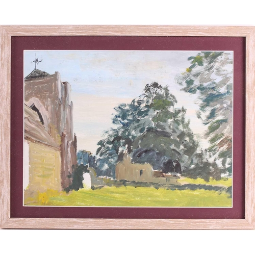 79 - † George Cunningham (1924 - 1996), Trees in a churchyard, unsigned, oil on board, framed and glazed,... 