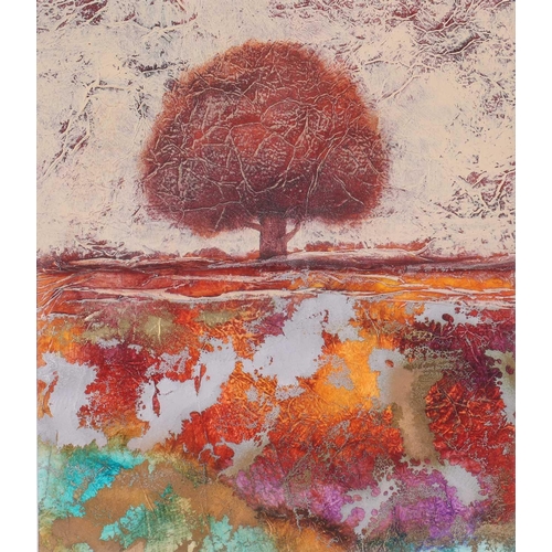 80 - † Kerry Darlington (b.1974), a large tryptych, trees, mixed media on board, signed to right-hand sec... 