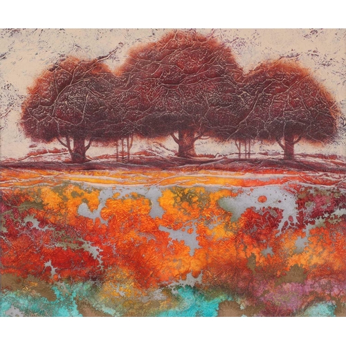 80 - † Kerry Darlington (b.1974), a large tryptych, trees, mixed media on board, signed to right-hand sec... 