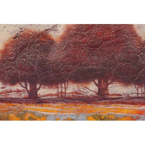 80 - † Kerry Darlington (b.1974), a large tryptych, trees, mixed media on board, signed to right-hand sec... 