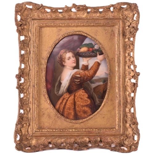 83 - A late 19th century framed oval porcelain plaque, probably KPM, painted after Titian, 'Girl with a B... 