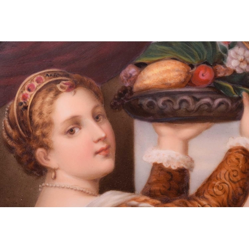 83 - A late 19th century framed oval porcelain plaque, probably KPM, painted after Titian, 'Girl with a B... 