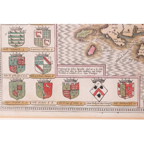 97 - After John Speed (1552 - 1629), Five hand coloured maps of Counties in England and Wales, with Latin... 