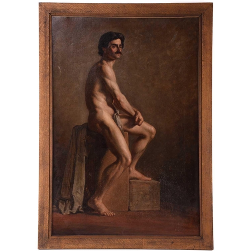 111 - Frederick George Cotman (British, 1850-1920), Male Nude seated (Italian), oil on canvas, inscribed i... 