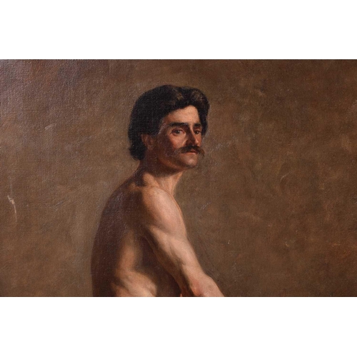 111 - Frederick George Cotman (British, 1850-1920), Male Nude seated (Italian), oil on canvas, inscribed i... 