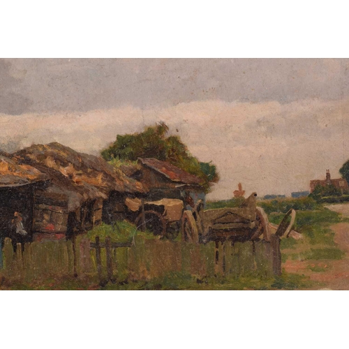 114 - Frederick George Cotman RI. ROI. (1850-1920), 'The Old Paint Shop and Farm Buildings', oil on board,... 