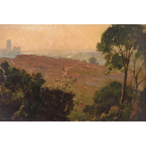 120 - Frederick George Cotman RI. ROI. (British, 1850-1920), 'Canterbury from the Downs', oil on board, 23... 